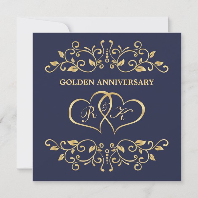 Golden swirls, joined hearts 50th Anniversary Invitation (Front)