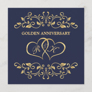Golden swirls, joined hearts 50th Anniversary Invitation