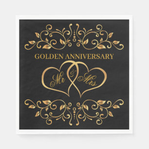 Golden swirls, joined hearts 50th Anniversary Napkin