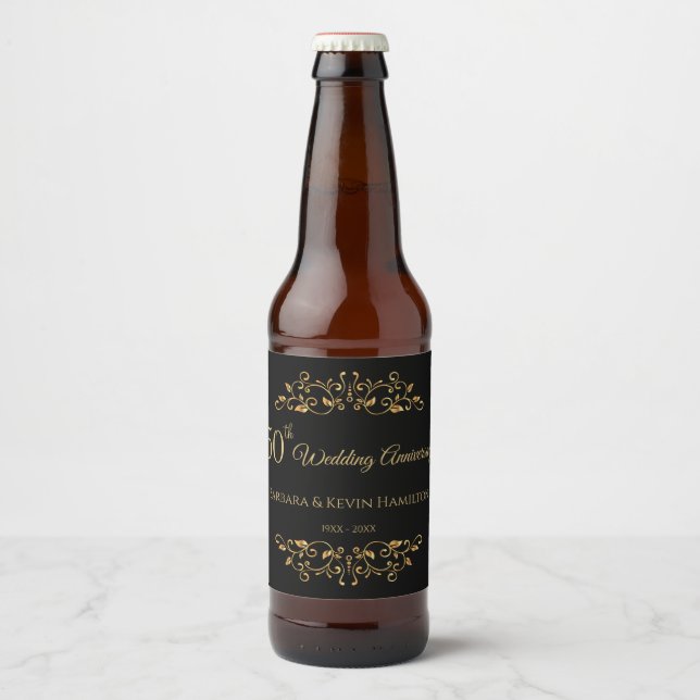 Golden swirls on black 50th Wedding Anniversary Beer Bottle Label (Front)