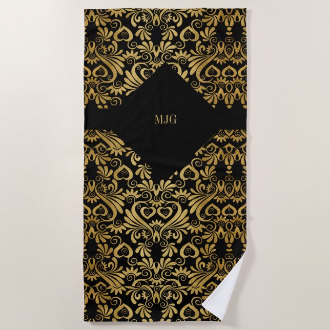 Golden Swirls on Black Monogrammed Beach Towel (Front)