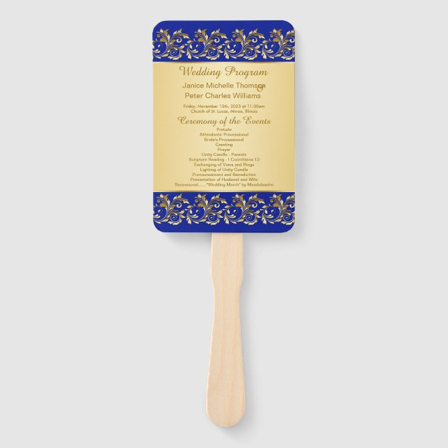 Golden swirls on royal blue Wedding program Hand Fan (Front)