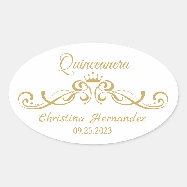 Golden swirls, Tiara Quinceanera Oval Sticker (Front)