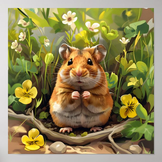 Golden Syrian Hamster In A Flower Field Poster (Front)