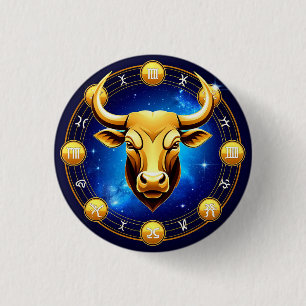 Golden Taurus Bull In Cosmic Zodiac Circle 1 Inch Round Button
