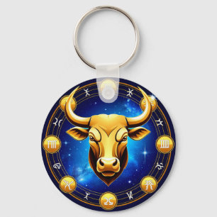 Golden Taurus Bull In Cosmic Zodiac Circle Keychain