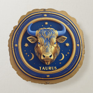 Golden Taurus Bull In Cosmic Zodiac Circle Round Pillow