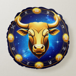 Golden Taurus Bull In Cosmic Zodiac Circle Round Pillow
