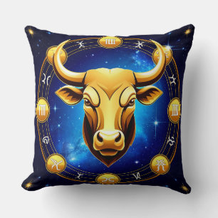 Golden Taurus Bull In Cosmic Zodiac Circle Throw Pillow