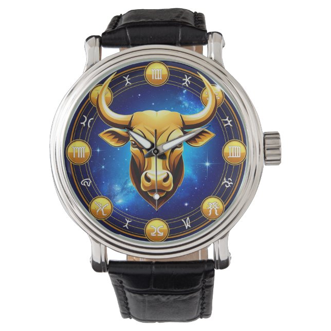 Golden Taurus Bull In Cosmic Zodiac Circle Watch (Front)