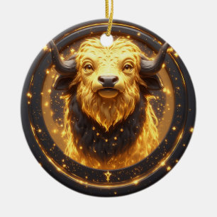 Golden Taurus Bull Within a Circular Zodiac Wheel Ceramic Ornament