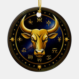 Golden Taurus Bull Within a Circular Zodiac Wheel Ceramic Ornament