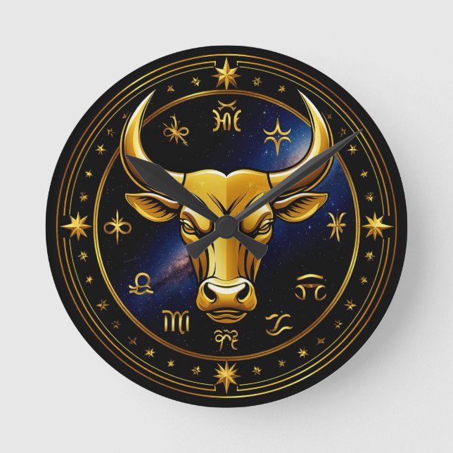Golden Taurus Bull Within a Circular Zodiac Wheel Round Clock (Front)