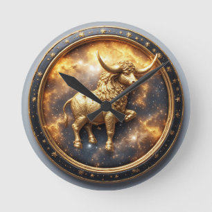 Golden Taurus Bull Within a Circular Zodiac Wheel Round Clock