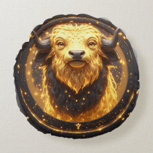 Golden Taurus Bull Within a Circular Zodiac Wheel Round Pillow