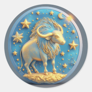 Golden Taurus Symbol On Blue Circle Classic Round Sticker