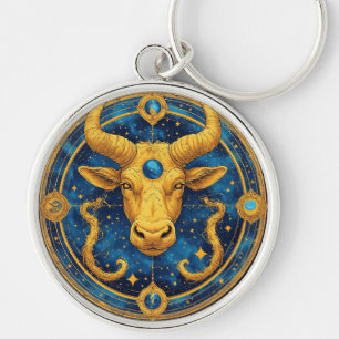 Golden Taurus Symbol On Blue Circle Keychain