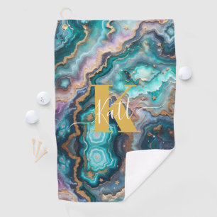 Golden Teal Aqua Agate Custom Modern Monogram Golf Towel