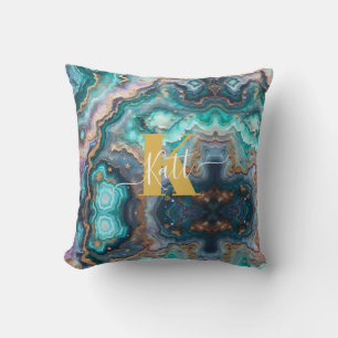 Golden Teal Aqua Agate Custom Modern Monogram Throw Pillow