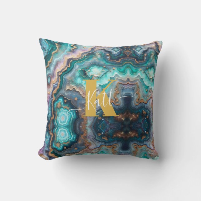 Golden Teal Aqua Agate Custom Modern Monogram Throw Pillow (Front)