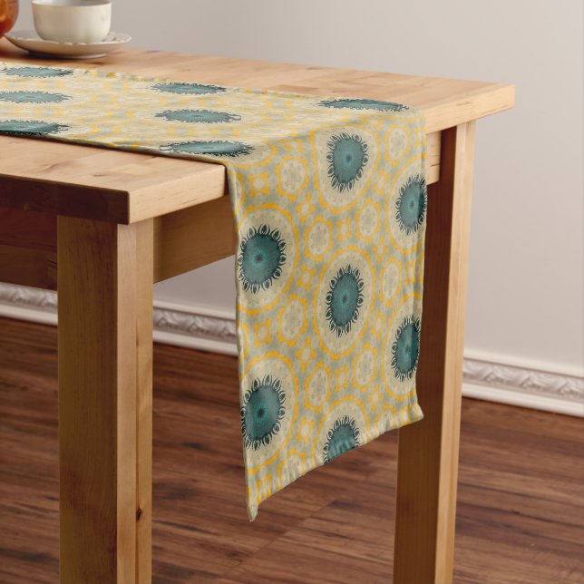 Golden Teal Medallion Tile Pattern Medium Table Runner (In Situ)