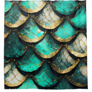 "Golden Teal Opulence: Mermaid Tail Pattern"