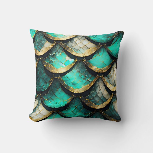 "Golden Teal Opulence: Mermaid Tail Pattern" Throw Pillow (Front)