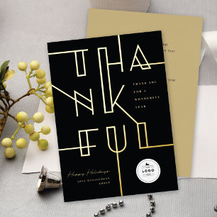 Golden Thankful Lines Stylish Typography Business Foil Holiday Card