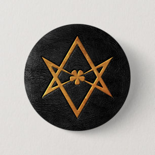 Golden Thelemic Unicursal Hexagram Black Leather 2 Inch Round Button