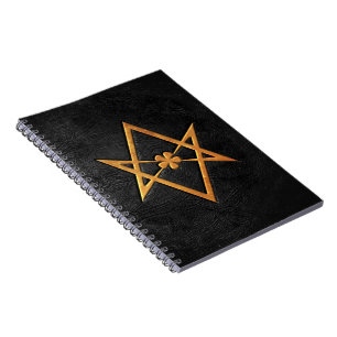 Golden Thelemic Unicursal Hexagram Black Leather Notebook