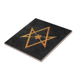 Golden Thelemic Unicursal Hexagram Black Leather Tile