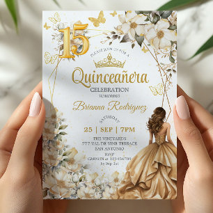 Golden Tiara Floral Beige Quinceañera  Invitation