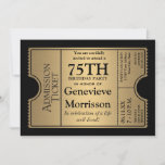 Golden Ticket Style 75th Birthday Party Invite<br><div class="desc">COLOR PALETTE: black and gold DESIGN COLLECTION: 75th birthday for your favourite grandfather, grandmother, mother, father, aunt or uncle on reaching this milestone age. This modern, hollywood premier style, elegant movie ticket stub party invitation is perfect for your celebration of any kind. The typography style layout is especially easy to...</div>