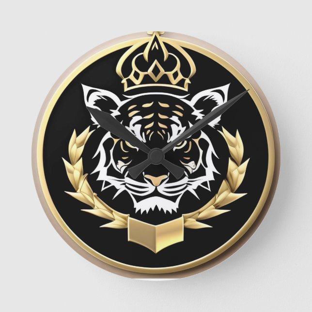 Golden Tiger Crest Emblem Round Clock (Front)