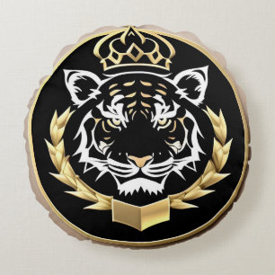 Golden Tiger Crest Emblem Round Pillow