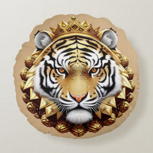 Golden Tiger Crest Emblem Round Pillow