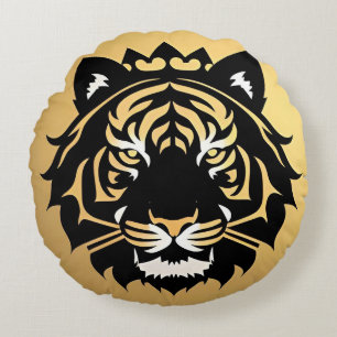 Golden Tiger Crest Emblem Round Pillow