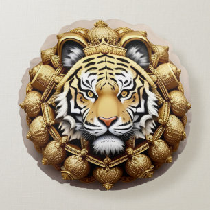Golden Tiger Crest Emblem Round Pillow