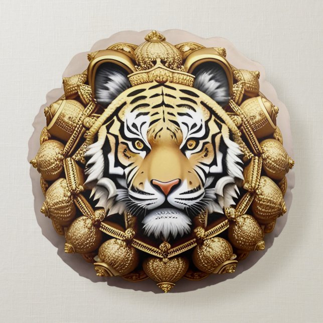Golden Tiger Crest Emblem Round Pillow (Front)