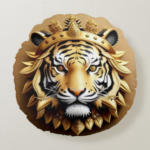Golden Tiger Crest Emblem Round Pillow
