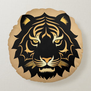Golden Tiger Crest Emblem Round Pillow