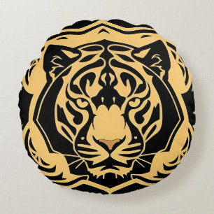 Golden Tiger Crest Emblem Round Pillow