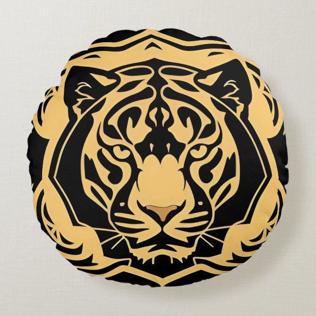 Golden Tiger Crest Emblem Round Pillow (Front)
