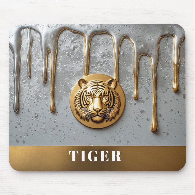 Golden Tiger Face With Dripping Metal 🐯 Mouse Pad (Front)