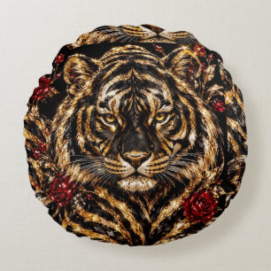 Golden Tiger & Red Roses Floral Art Round Pillow