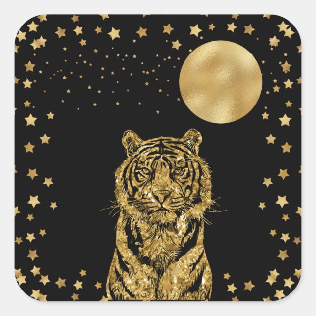 Golden Tiger Stars and Moon on Black Square Sticker (Front)