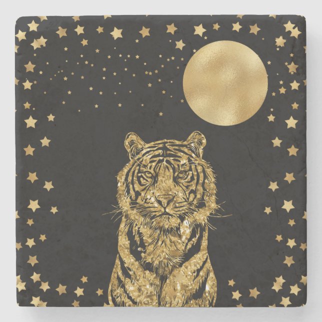 Golden Tiger Stars and Moon on Black Stone Coaster (Front)