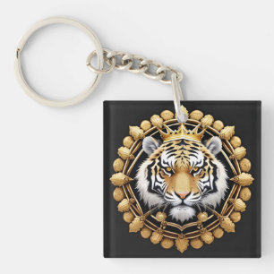 Golden Tiger with Crown Framed by Intricate Gold Keychain