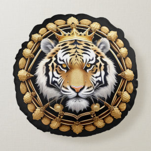 Golden Tiger with Crown Framed by Intricate Gold Round Pillow