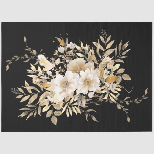Golden Tone Floral on Black Decoupage Tissue Paper (Front)